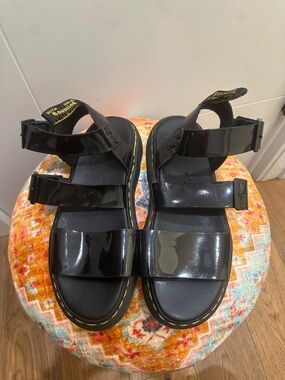 Dr. Martens Black Patent Leather Triple-Strap Sandals
